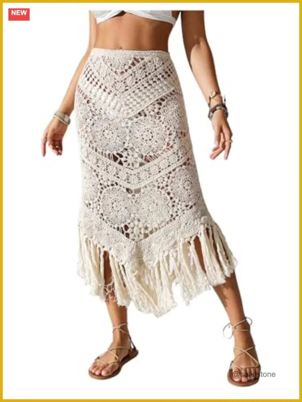 Crochet Knit High Waisted Beach Cover Up with Fringe